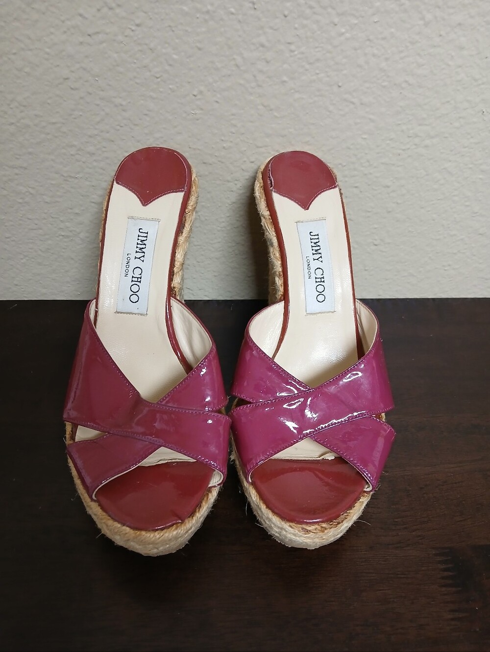 🖤JIMMY CHOO Pink Patent Leather Espadrille Wedge Sandals - SIZE 39